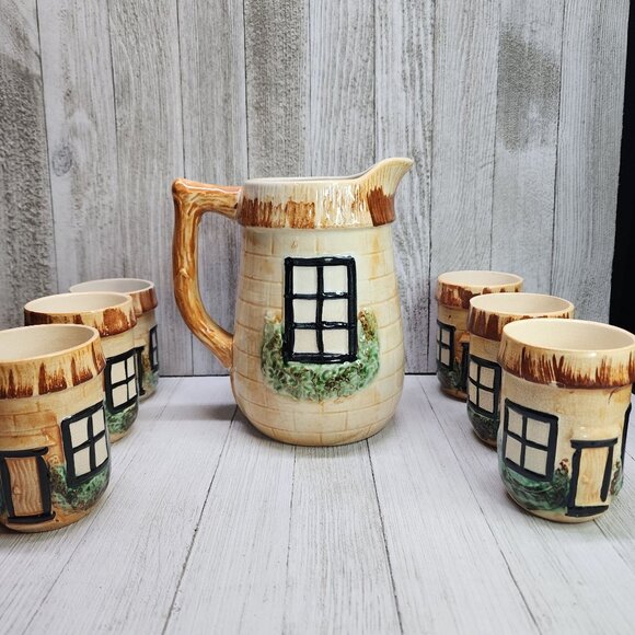 Vintage Japanese Thatched Cottage Ware Juice Pitcher & Cups Ceramics SET - Picture 4 of 10